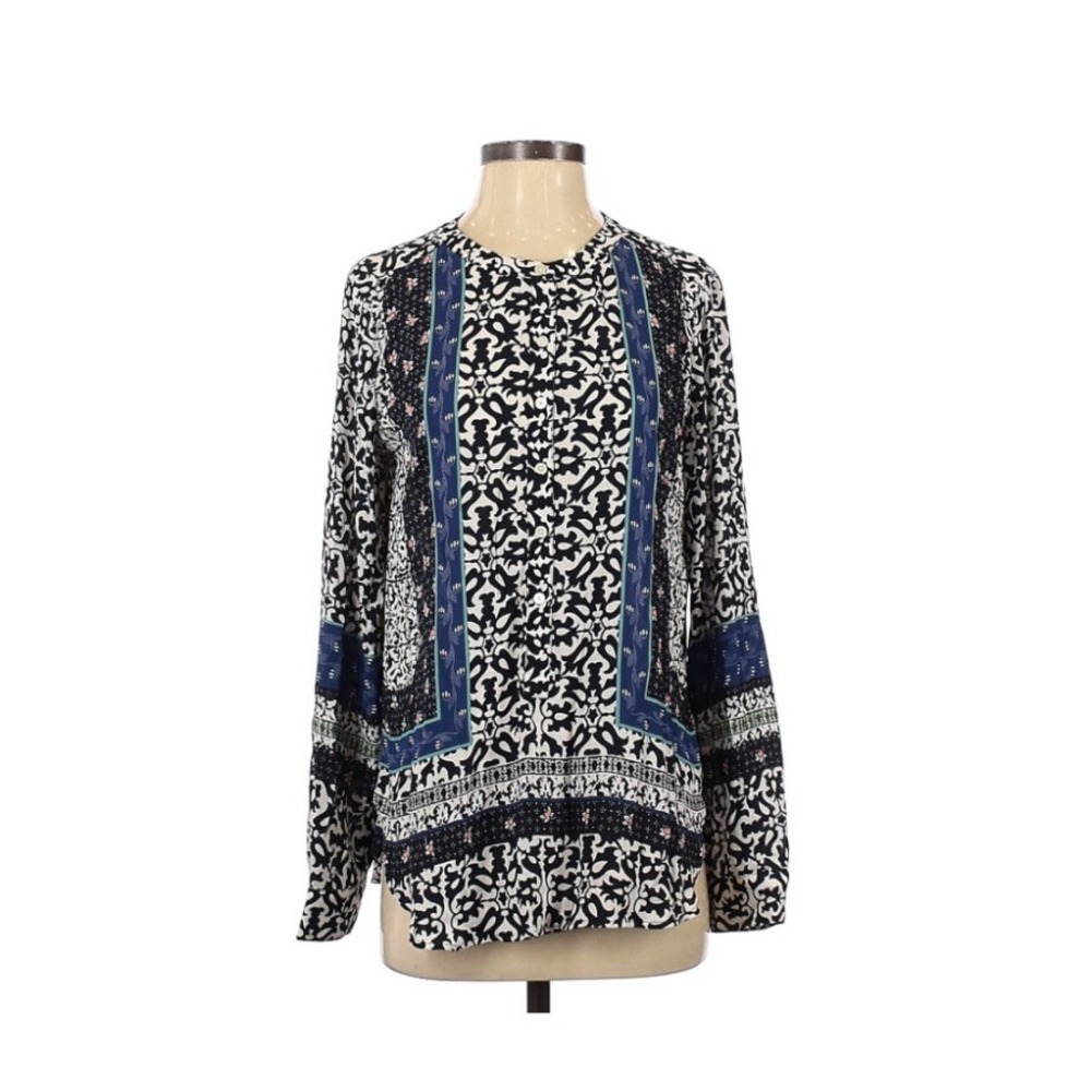 Ann Taylor Loft Small Blue Floral Placed Print Long sleeve Silky Blouse
